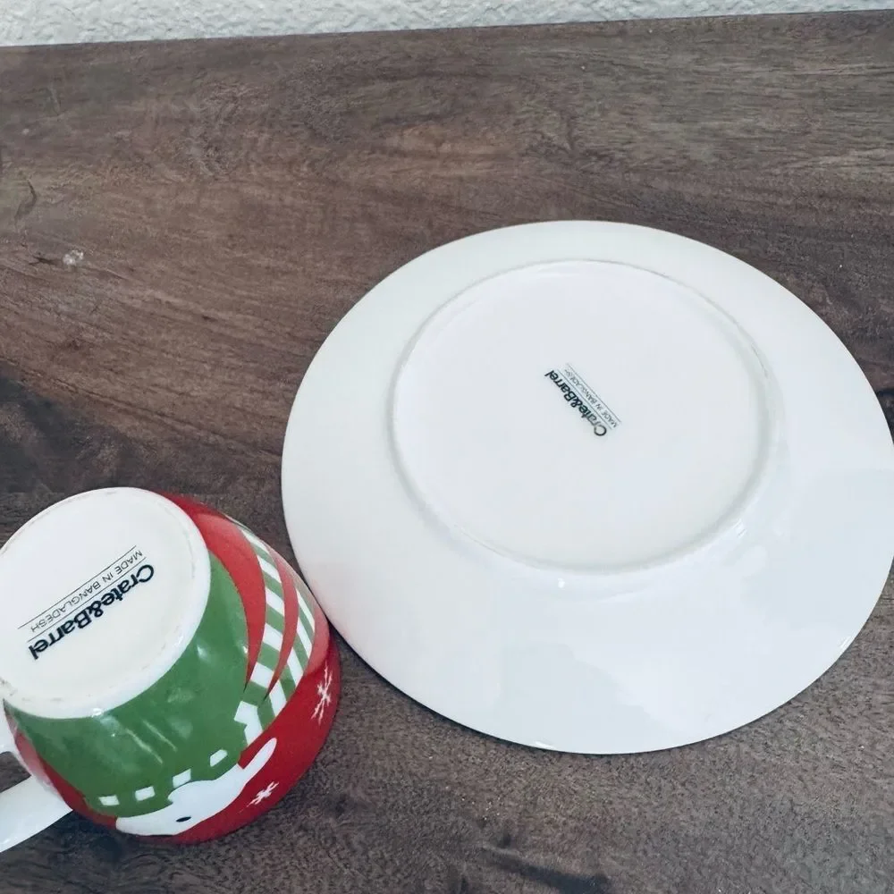 Crate & Barrel Polar Bear Sled Winter Christmas Holiday Ceramic Plate Mug Cup